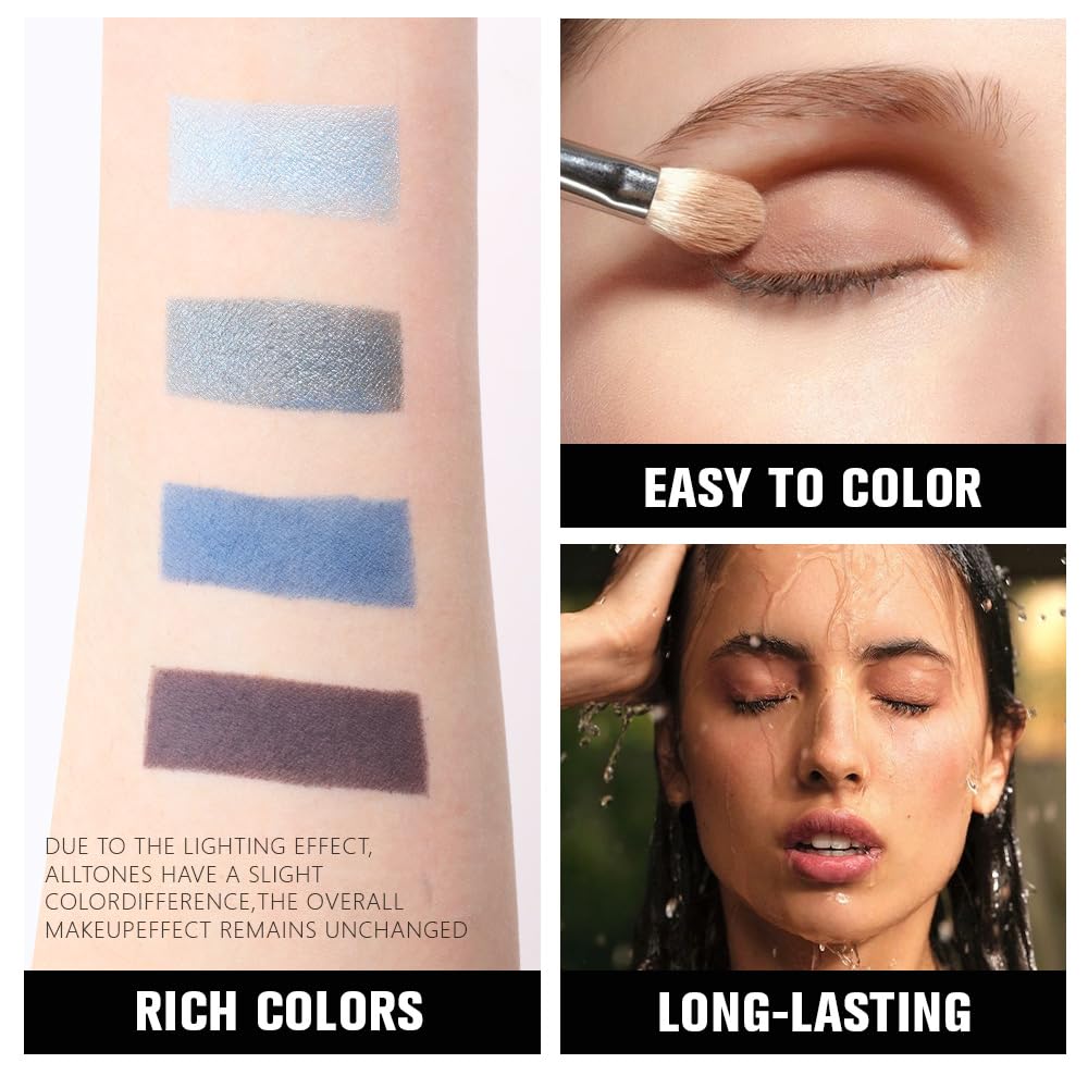 evpct Eyeshadow Quad Palette, Dark Teal Sky Navy Cyan Blue Mauve Purple Taupe Glitter Shimmer Metallic Matte High Pigment Mini Eye Shadow Palette Makeup for older Women Smudge Proof Vegan Cruelty-free