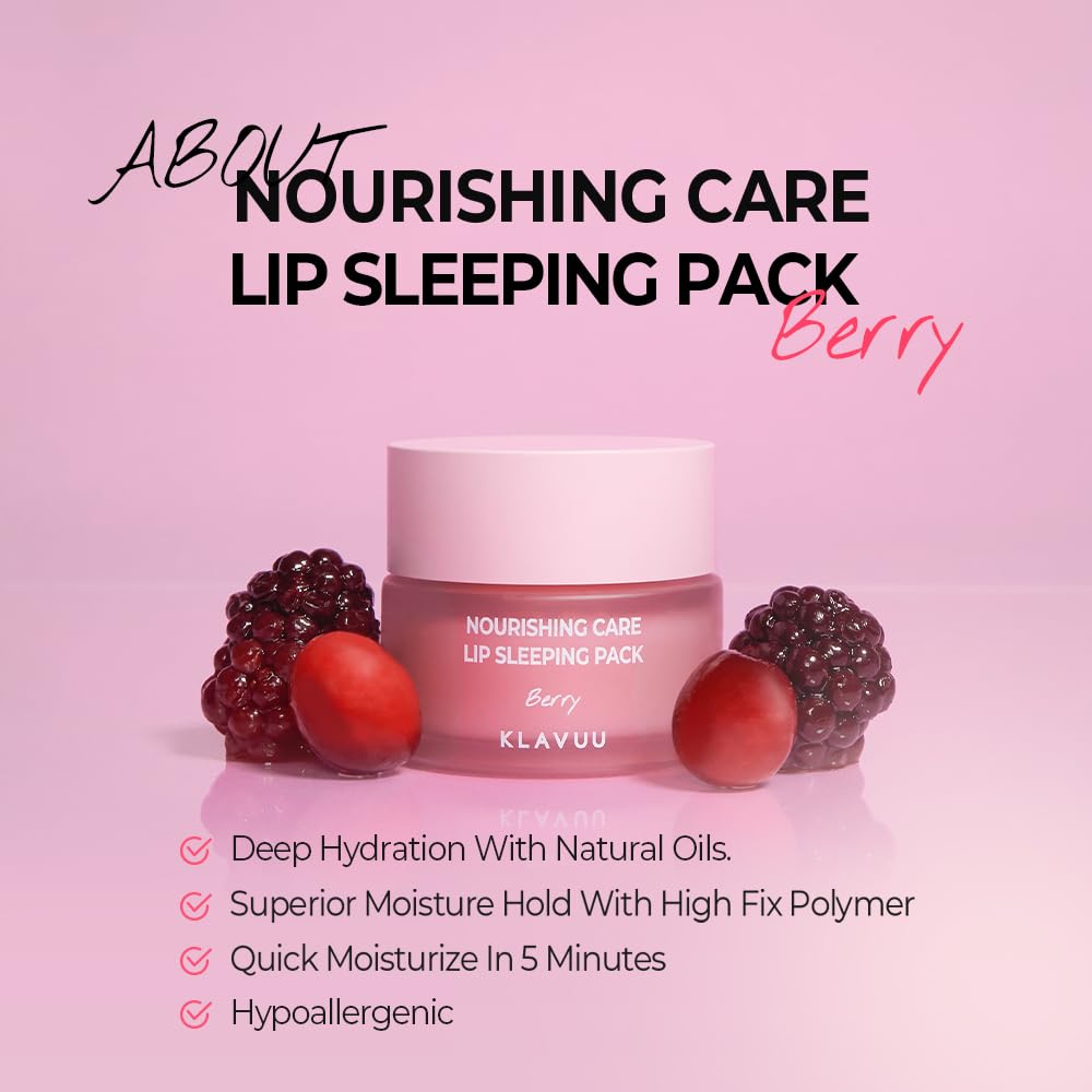 Klavuu Lip Mask Set (2PCS) – Overnight Deep Hydrating Korean Lip Balm Treatment for Very Dry, Chapped Lips | Lip Lightening & Plumping with Instant Hydration | Gentle Exfoliating (Berry & Vanilla)