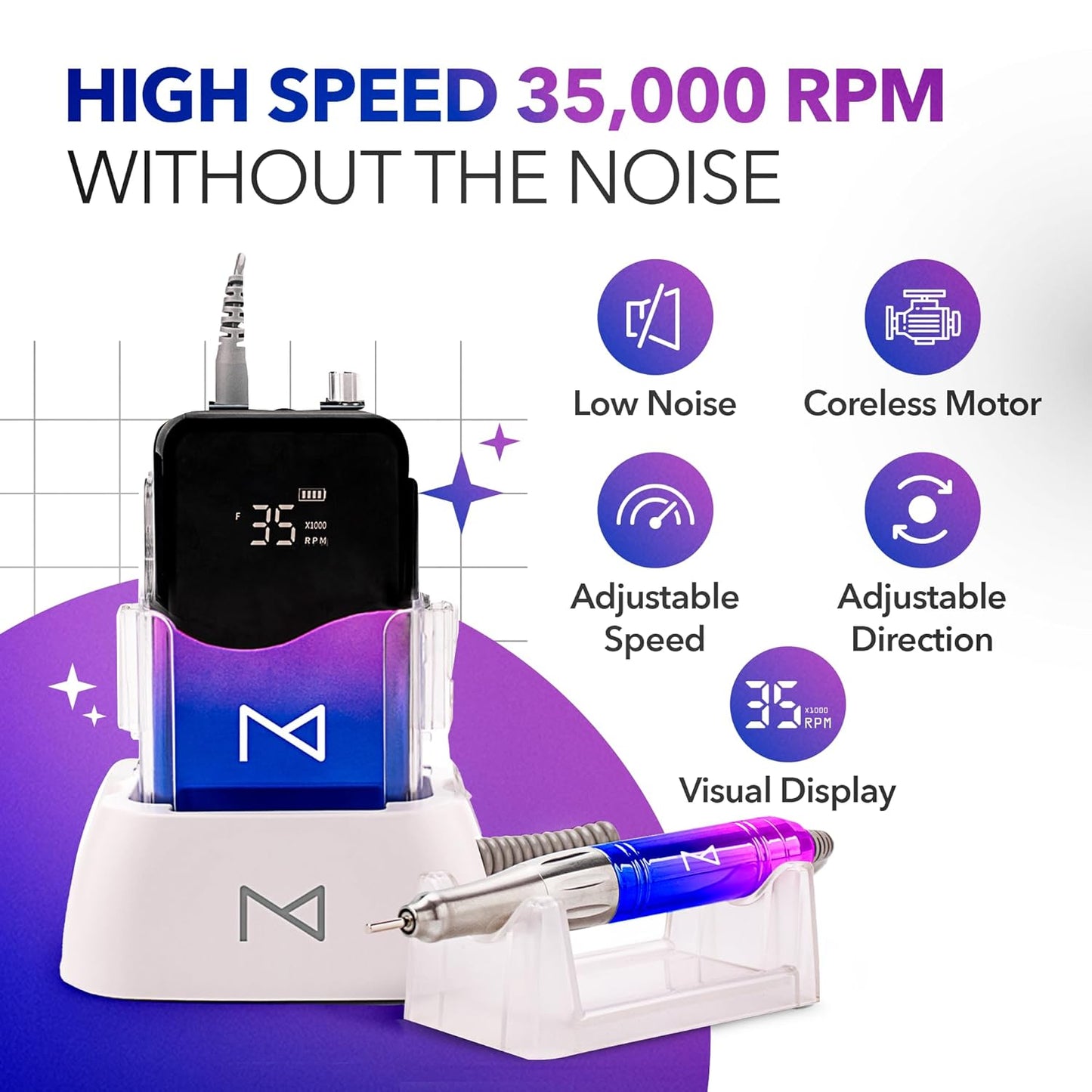 M Mase- Professional Nail Drill Machine - Coreless 2-in-1 Nail File - Electric, Cordless, 35000 RPM, HD Display - Electric Nail Drill for Professional & Home Use (Unicorn Pink Blue)