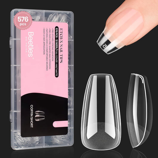 Beetles Short Coffin Nail Tips 576 PCS Half Matte Pre-shape Short Coffin Fake Nails 12 Sizes Full Cover Acrylic False Nails Nail Extension DIY Manicure Gifts for Women