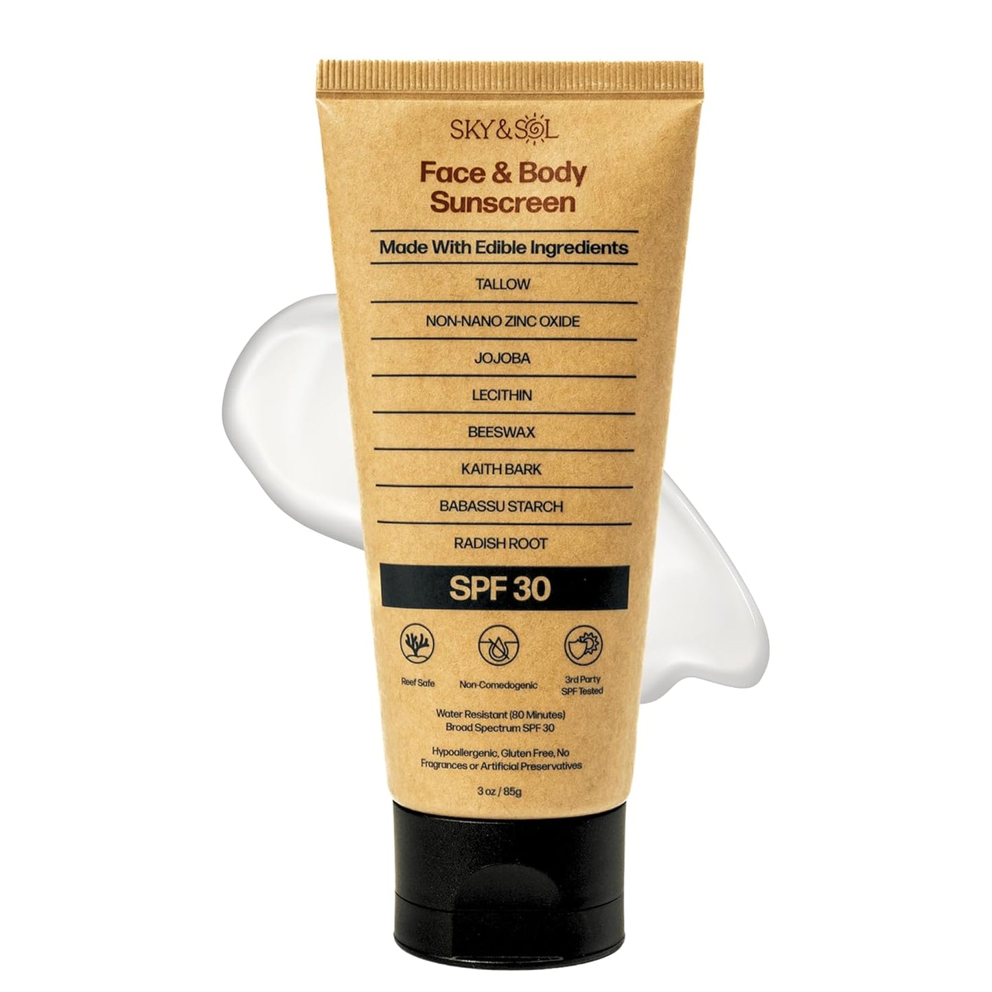 Natural Mineral Sunscreen SPF 30 3 oz: Natural Tallow & Zinc Oxide, Reef Safe, Water Resistant, Fragrance-Free, Non-Greasy Formula for Face and Body