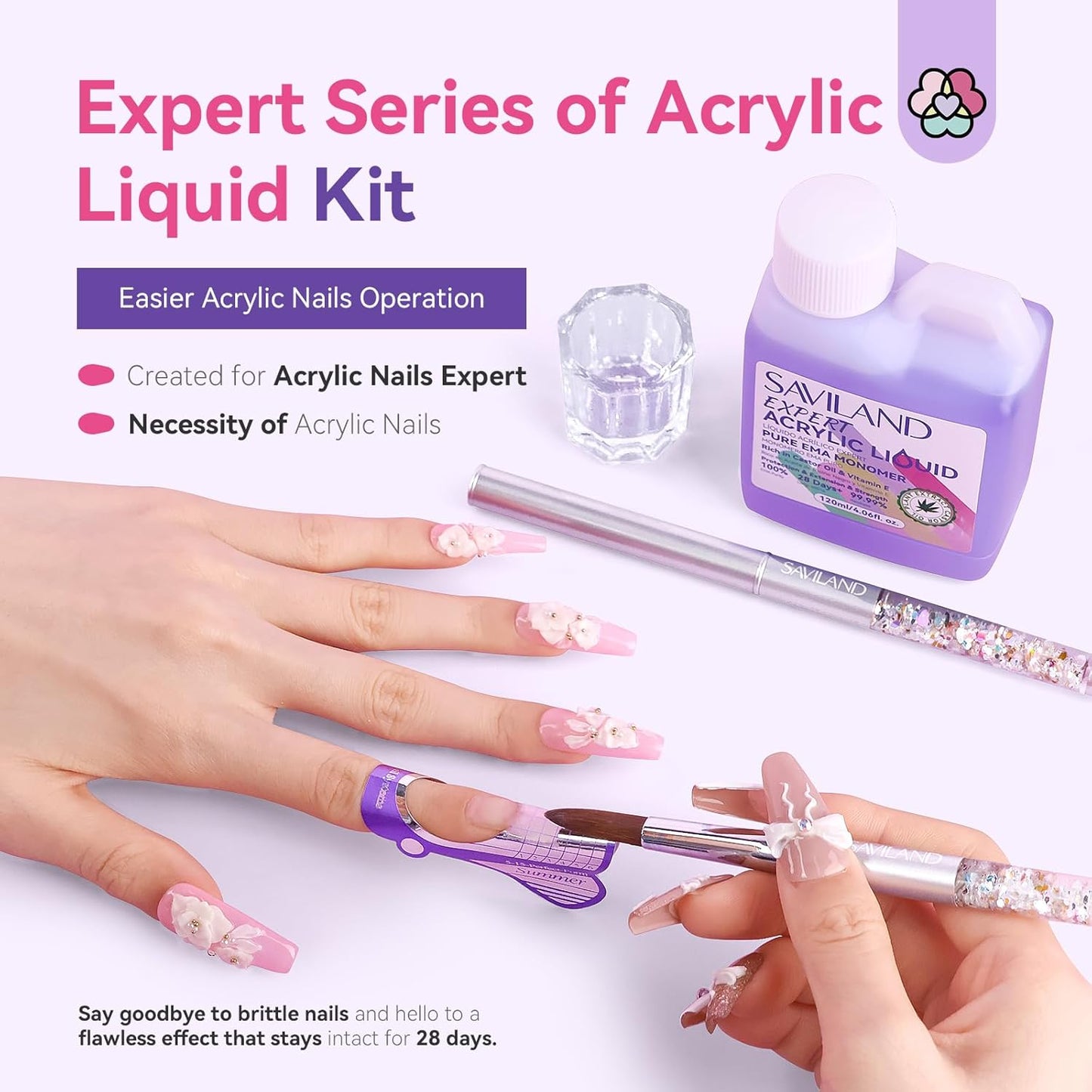 SAVILAND EMA Odorless Monomer Acrylic Liquid: 4 oz Acrylic Nail Monomer for Acrylic Powder, Premium Acrylic Nail Brush Nail Primer Top Gel, Acrylic Nail Kit for Manicurist
