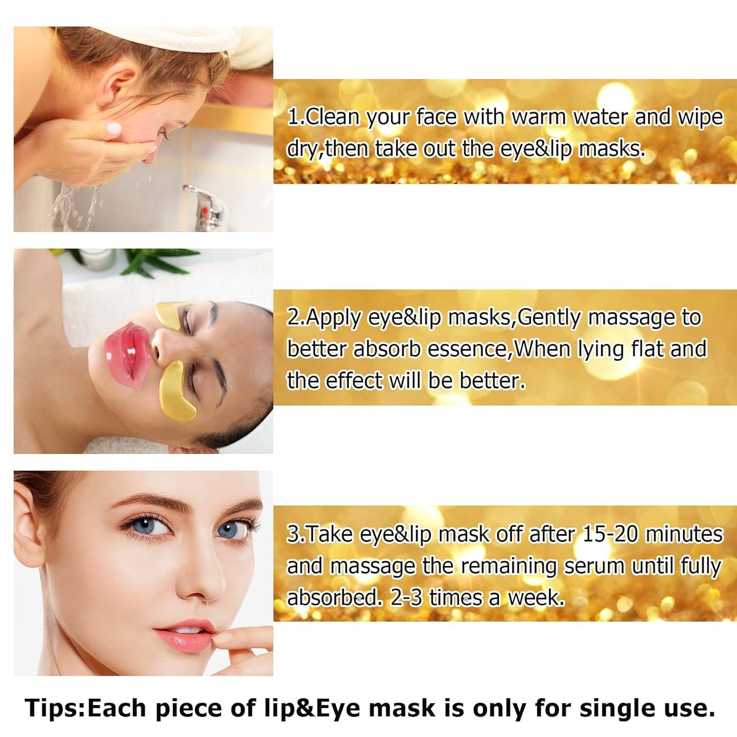 Jakuva 30 Pairs Lip Masks & Eye Masks,Gold Under Eye Patches for Puffy Eyes,Pink Lip Masks Skincare,Effectively Moisturizing the Lip & Eye Skin,Anti-Aging,Reducing Fine Lines,Nourishing for Face Care