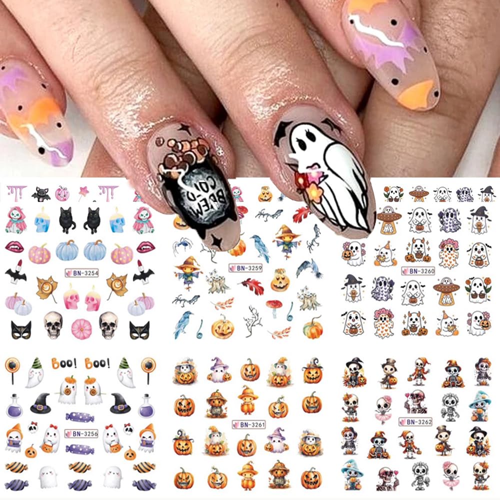 Halloween Nail Decals - Cute Cartoon Water Transfer Foil for Women - Pink Pumpkin Ghost Skeleton Witch Bat Designs - DIY Nail Art Decor - 12Pcs