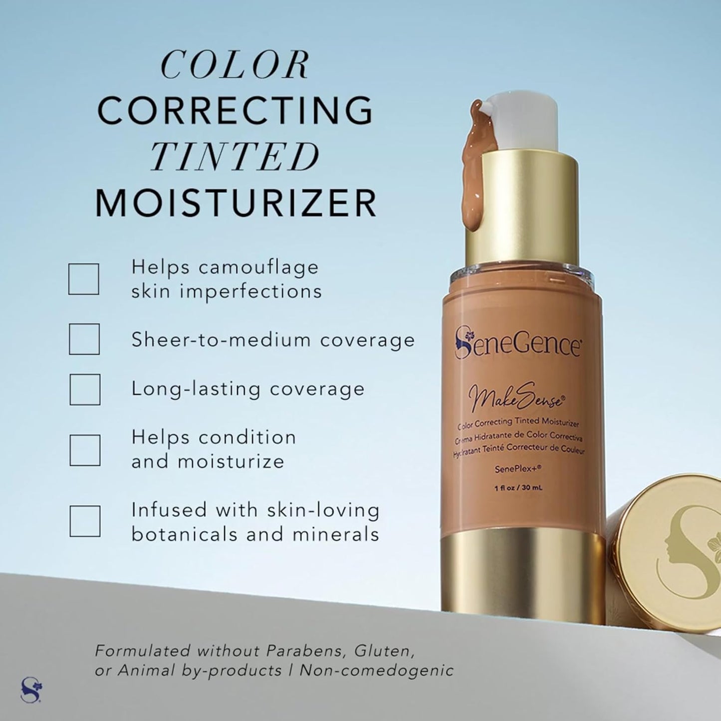SeneGence MakeSense Color Correcting Tinted Moisturizer with Sheer Coverage, Light-Medium, 1 Fl Oz, Enriched with SenePlex+ and Botanicals for Smooth, Even-Toned Skin