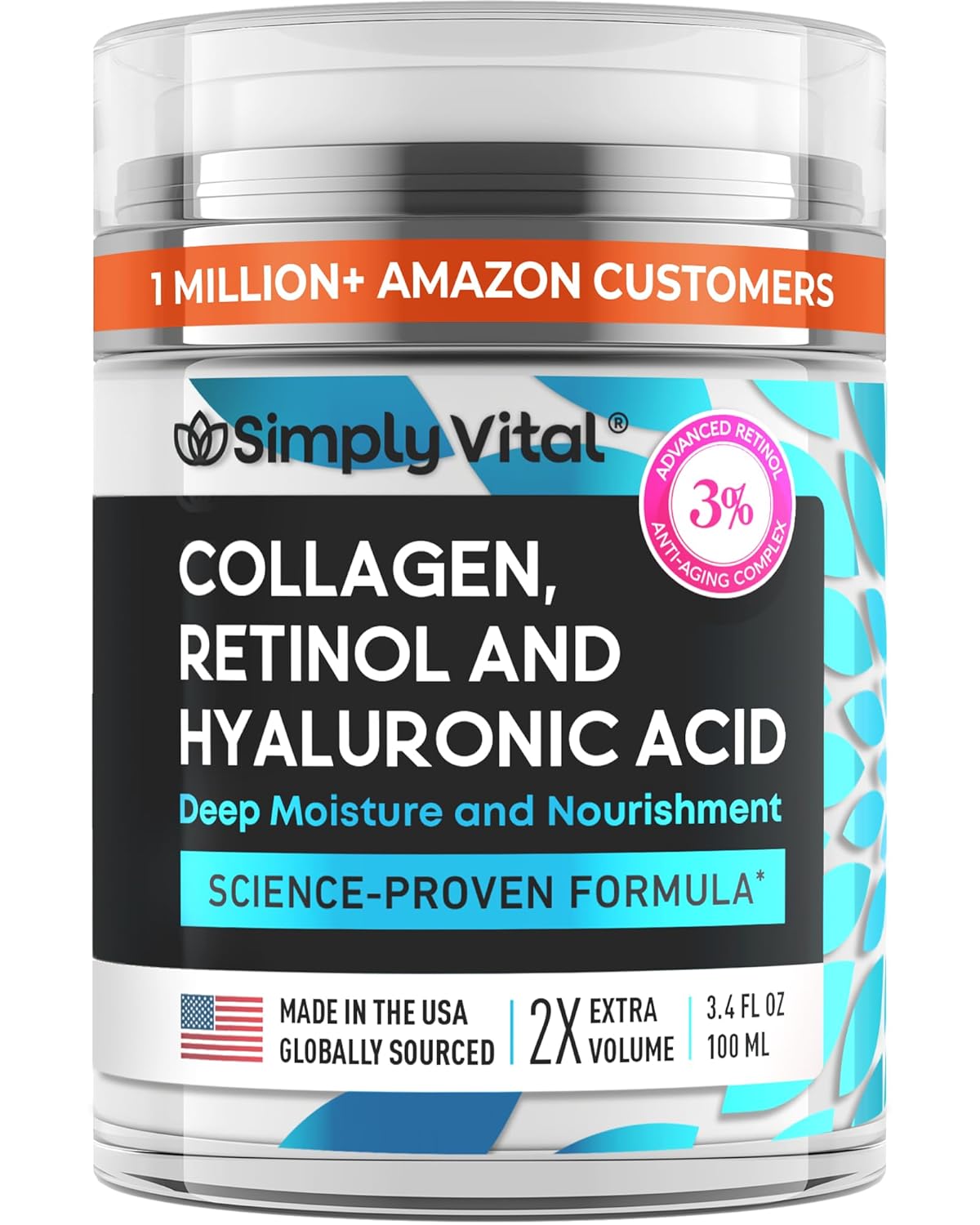 SimplyVital Collagen, Retinol & Hyaluronic Acid Cream - Anti-Aging Retinol Cream for Face, Neck & Décolleté - Made in USA - Daily Moisturizer Face Cream - 3.38 fl oz