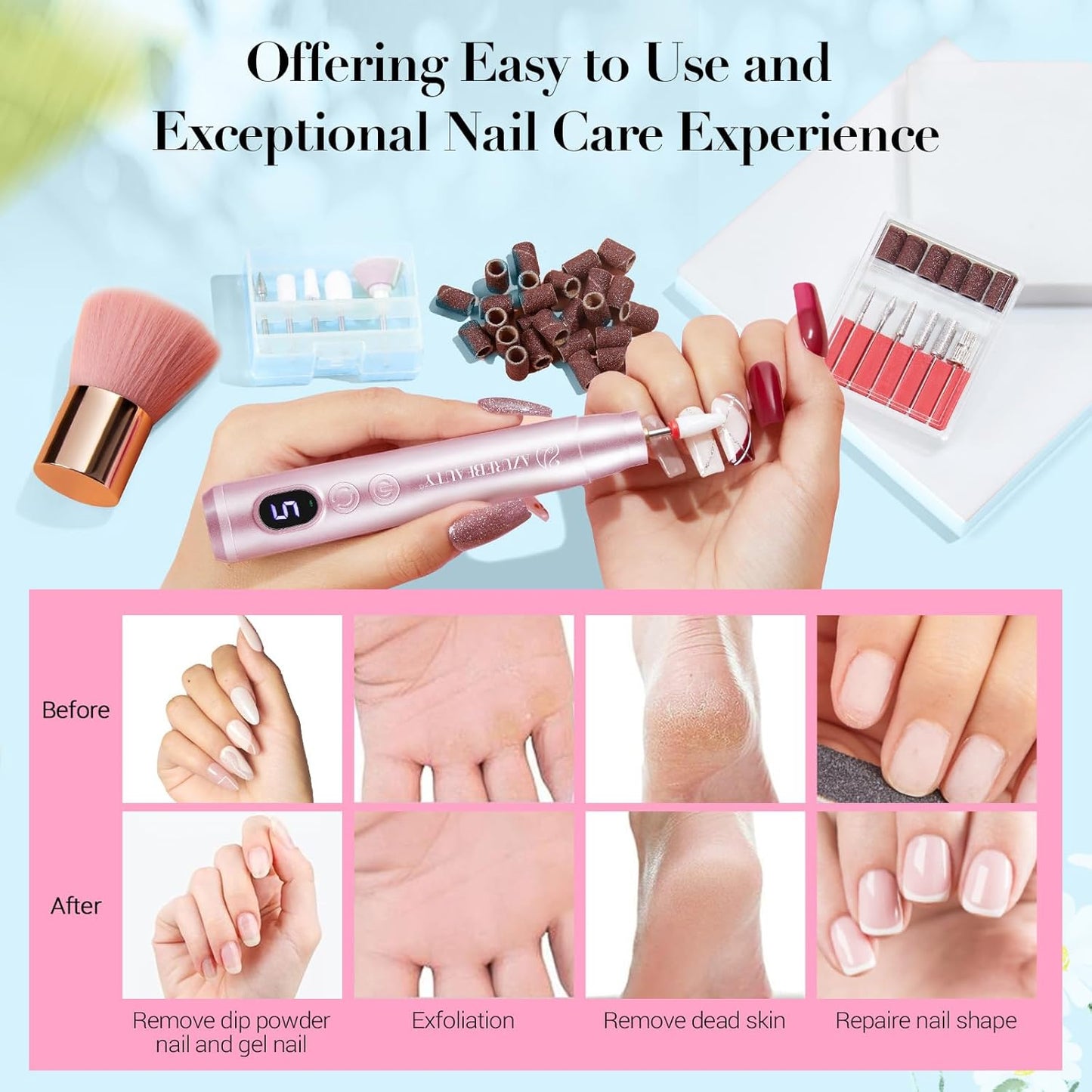 AZUREBEAUTY Dip Powder Nail Kit with Electric Nail Drill 24 Colors Spring Summer Macarons Purple Pink Nail Starter Kit with Dip Liquids Base Top Coat Activator Portable French Nail Art Essential Set
