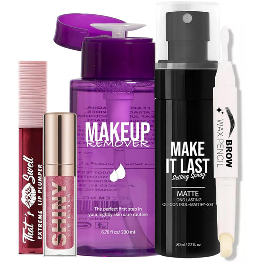 Beauty Bundle All In One Makeup Kit For Women, Teens, Girls, Full Size Makeup Essentials Makeup Remover, Make It Last Setting Spray, Brow Wax Lamination Pencil, Plumping Lipglosses