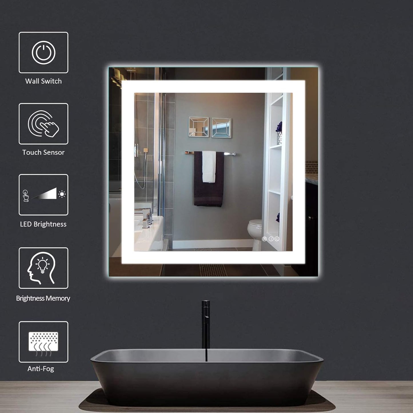 Amorho LED Bathroom Mirror 36"x 36" with Front and Backlight, Stepless Dimmable Wall Mirrors with Anti-Fog, Shatter-Proof, Memory, 3 Colors, Double LED Vanity Mirror
