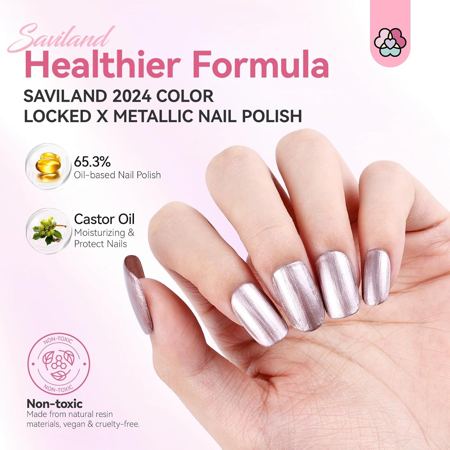 SAVILAND Metallic Nail Polish Rose Glod: Quick Dry Mirror Pink Nail Polish Regular Chrome Fingernail Polish Easy To Use & Remove No Curing Needed Bulk Nail Lacquer for Toes Nail Art DIY Home 0.34 oz