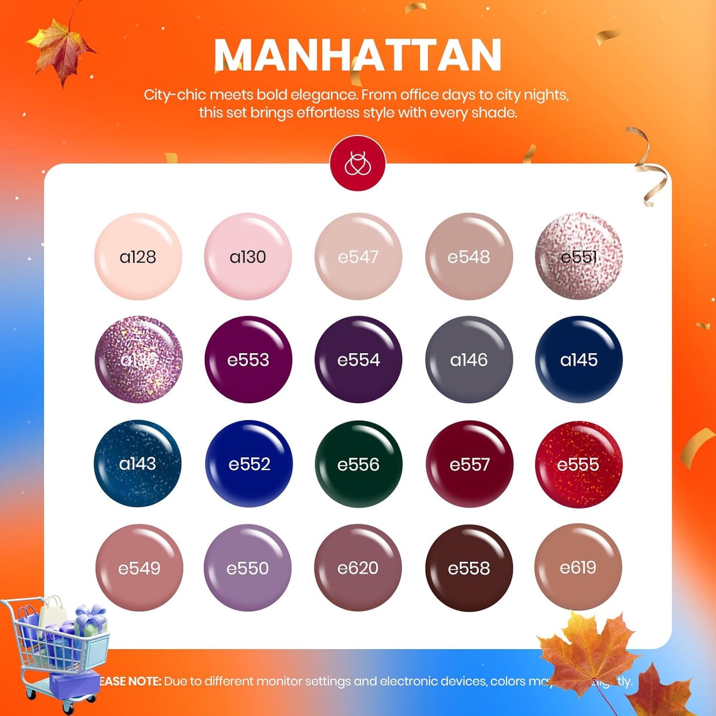 Beetles Gel Nail Polish Set Manhattan Collection 20 Colors Burgundy Red Brown Gold Champagne Glitter Fall Gel Polish Soak Off UV Glossy & Matte Top Base Coat Manhattan Collection Gifts for Women