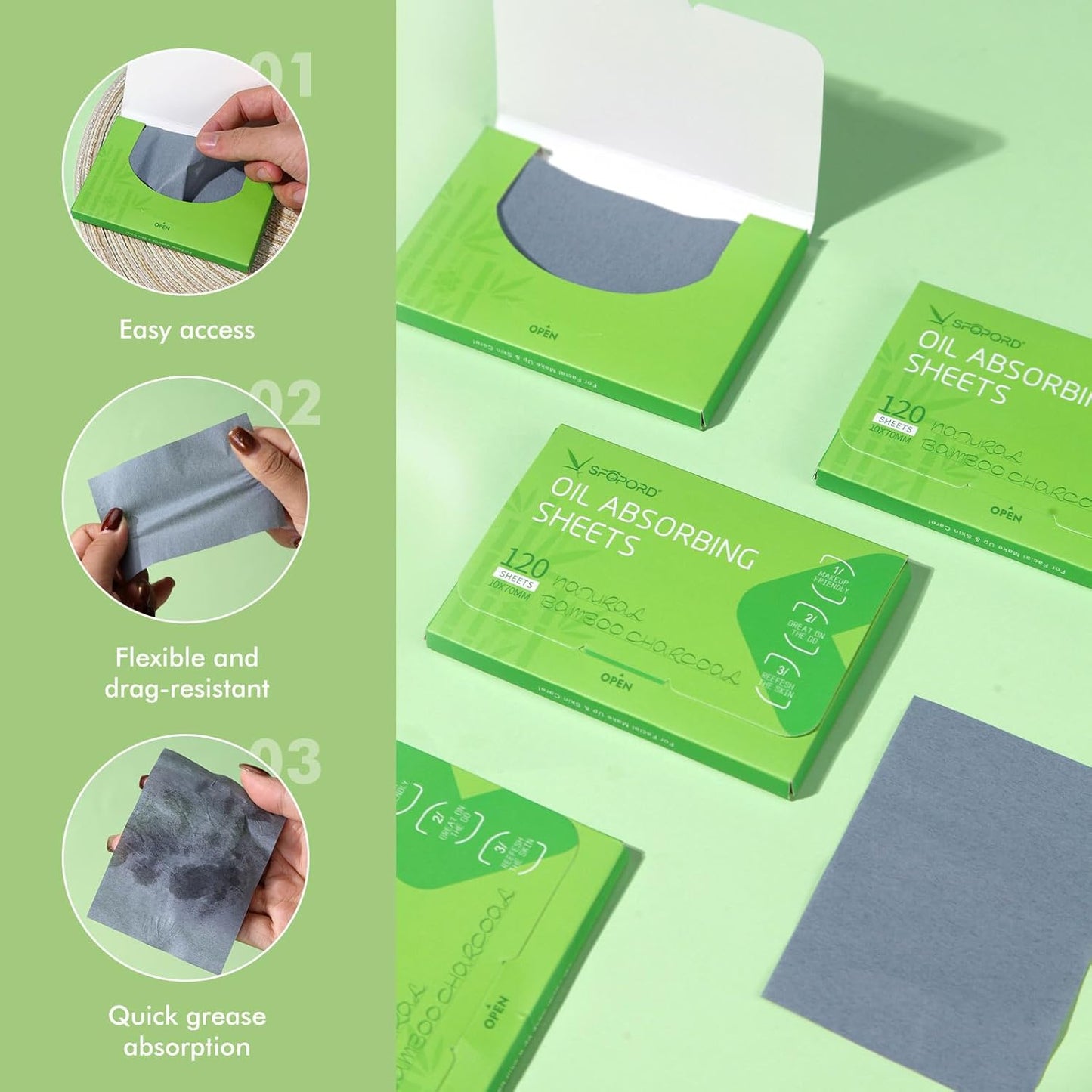Oil Absorbing Sheets with Bamboo Charcoal - 2 Pack (240 sheets) Oil Blotting Sheets For Face, 20% More Makeup Friendly High-performance Handy Face Blotting Paper for Oily Skin