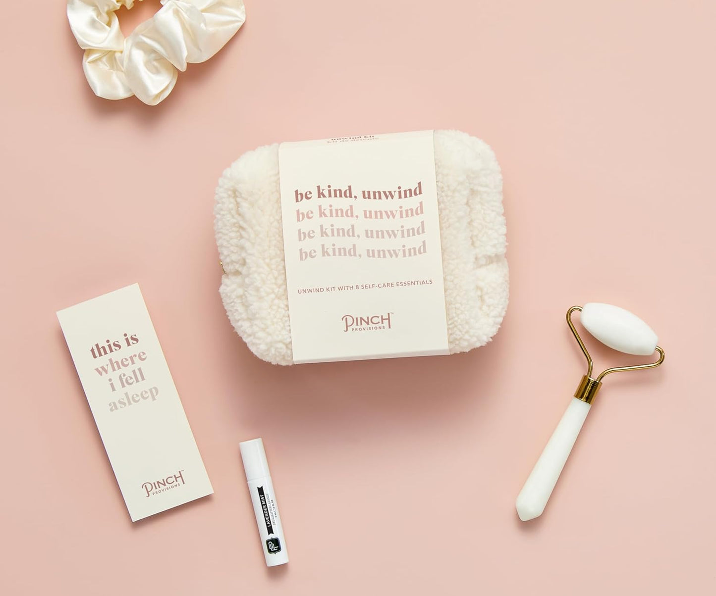 Pinch Provisions Be Kind UnWind Kit, Includes 8 Luxury Self Care and Spa Beauty Essentials, Perfect for Birthday Present, Self-Care Nights, Bachelorette, Christmas or Slumber Party Gift