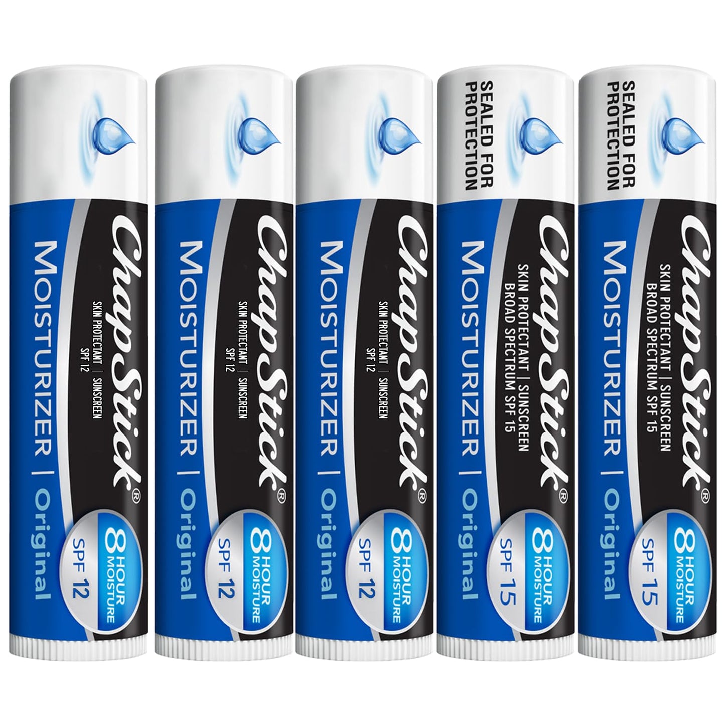 ChapStick Moisturizer 2-in-1 Lipcare 5-Pack (SPF 12 & 15) – Original Lip Balm with Broad Spectrum SPF, Aloe & Vitamin E, 0.15 Oz Ea