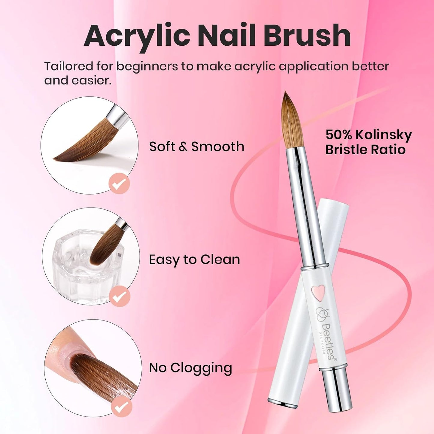 Beetles Acrylic Nail Brush Kolinsky Hair Bristles Round Shaped Metal Handle Nail Art Brushes for Manicure Extension Acrylic Powder DIY at Home Manicure Tool - Size 10