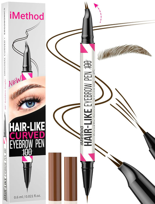 iMethod Curved Eyebrow Pen - 2-in-1 Dual-Ended Eyebrow Pencil with Curved Tip and Precise Brush-Tip, Microblading Pen for Natural Brows, Dark Brown