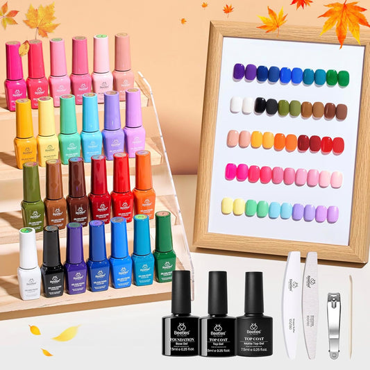 Beetles Gel Nail Polish Seasons Impressions Collection - 25 Colors Uv Gel Nail Kit Brown Burgundy Black White Red Pink Nude Green Purple Blue Glossy Matte Glitter Top Base Coat Gifts for Women