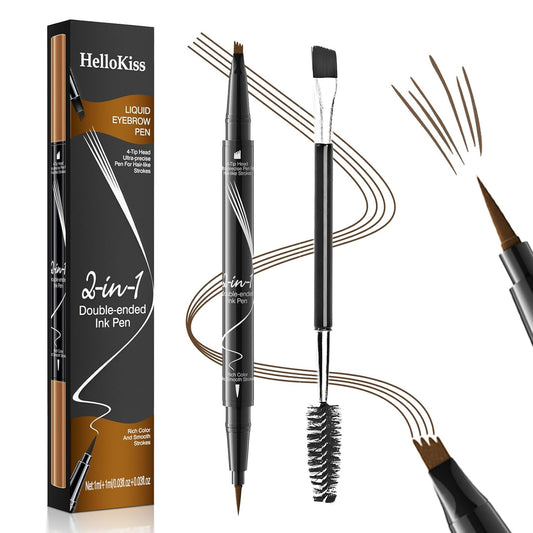 Eyebrow Pen, 2-in-1 Dual-Ended Microblading Eyebrow Pencil, Magical Faux Brow Pen with 4-Fork-Tip & Precise Brush-Tip Create Natural Hair-Like Brow, Waterproof, Stay on All Day, Light Brown, 1Pcs