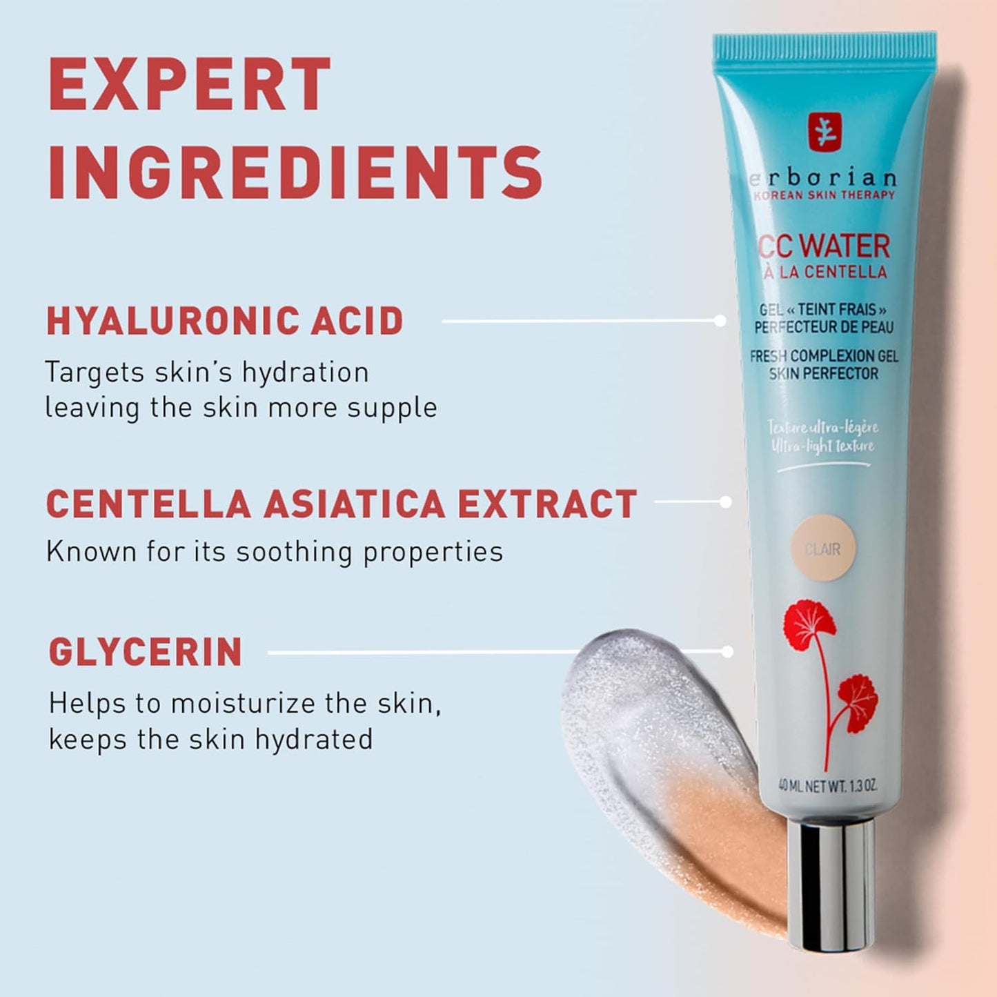 Erborian CC Water with Hyaluronic Acid, Chocolate - Ultra-Light Aqua Gel Color Corrector with Centella Asiatica & Hyaluronic Acid - Plump, Softer & Hydrated Skin - Korean Skincare Perfector - 0.5 Oz