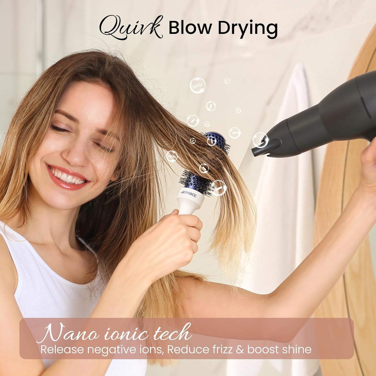 AIMIKE Nano Ionic Tech Small Round Brush, Ceramic Round Brush for Blow Drying, Styling and Boost Volume, Natural Wood Round Hair Brush, One Piece Design - 1.4 Inch/35mm