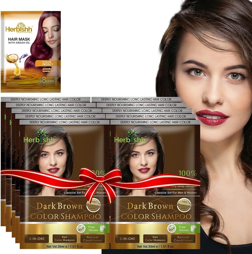 Herbishh Natural Hair Color Shampoo for Gray Hair - Argan Hair Mask, Travel Size, Long-Lasting Color, Ammonia-Free, 10 Pack + 1 Pack (Dark Brown)