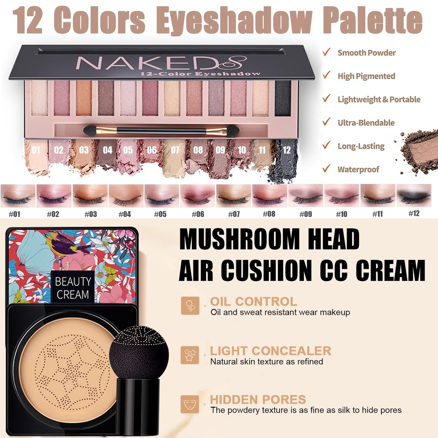 All in One Makeup Kit,Includes Naked Eyeshadow,Liquid Foundation,CC Cream,Lipstick Set,Mascara,Makeup Brush,Makeup Sponge,Eyebrow Powder,Eyebrow Soap,Eyeliner Stamp, Primer,Contour Stick,Cosmetic Bag