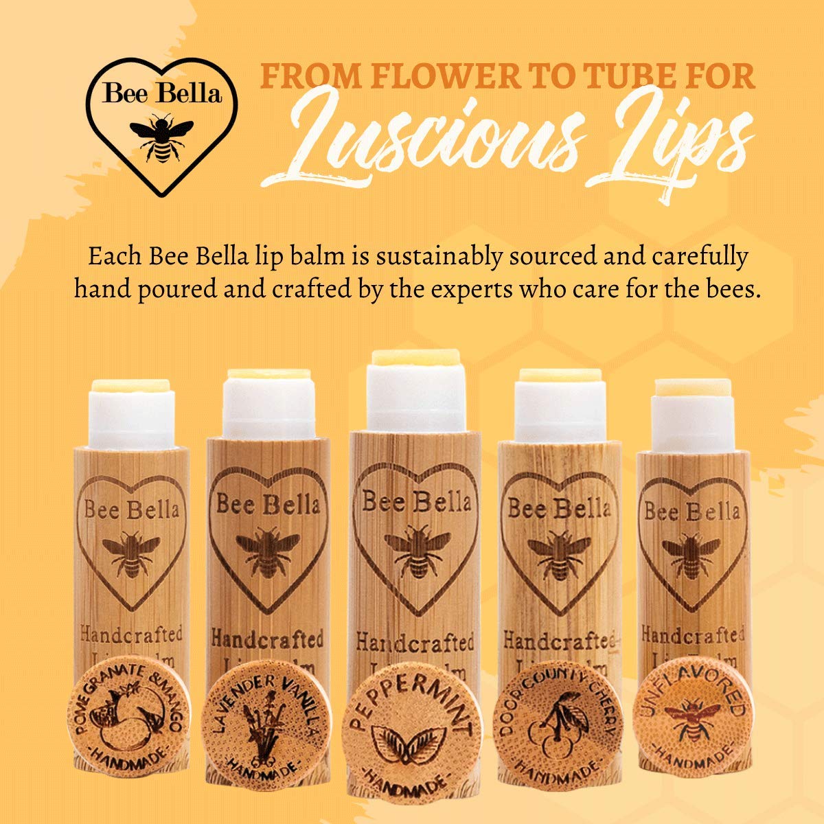Bee Bella Lip Balm, Peppermint, 3 Pack - Hydrating Lip Care, 100% Natural, Original Organic Beeswax with Vitamin E, Handmade in USA