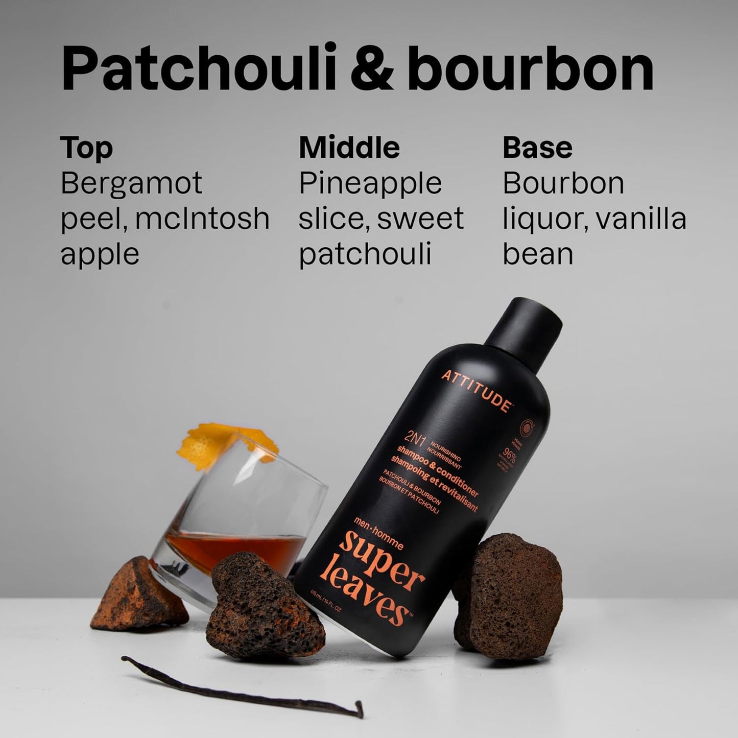 ATTITUDE Men's Shampoo and Conditioner 2-in-1, Nourishing For Dry Hair and Scalp, With Panthenol and Ginseng, 97% Natural Origin Ingredients, EWG Verified, Patchouli & Bourbon, 14 Fl Oz