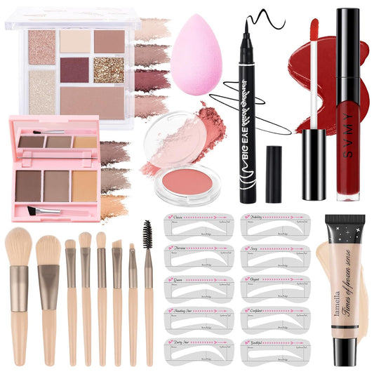 Makeup Kit for Teens Girls, Makeup Present Set for Women, Makeup Full Kit for Beginners, Mini Makeup Bundle Include 7 Puce colors Matte & Shimmer Pigmented Eyeshadow Palette, Eyebrow Powder