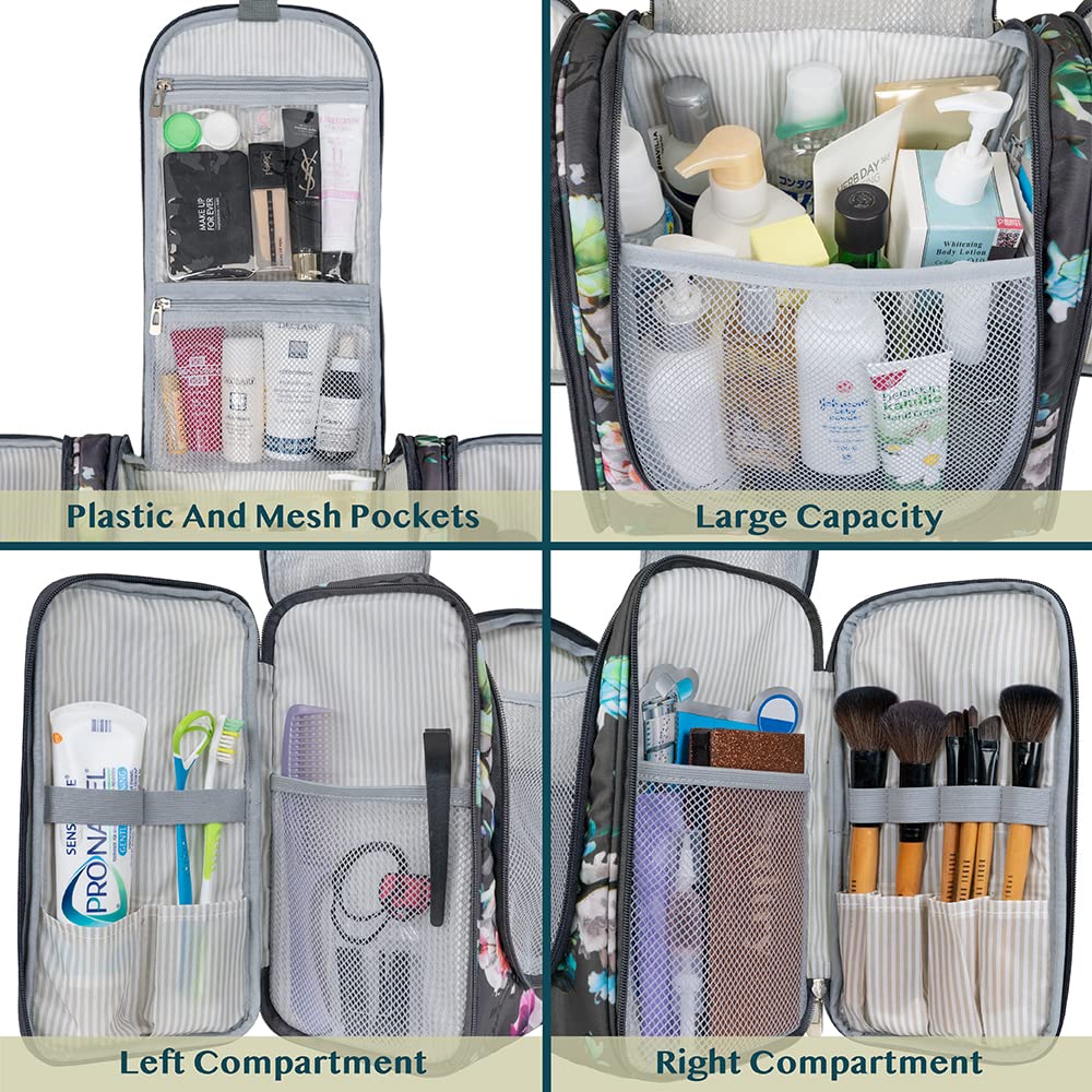 PAVILIA Extra Large Toiletry Bag Travel Bag for Women Men, Hanging Cosmetic Organizer, Water Resistant Makeup Bag for Accessories Toiletries, Travel Essentials Kit (Floral Grey)