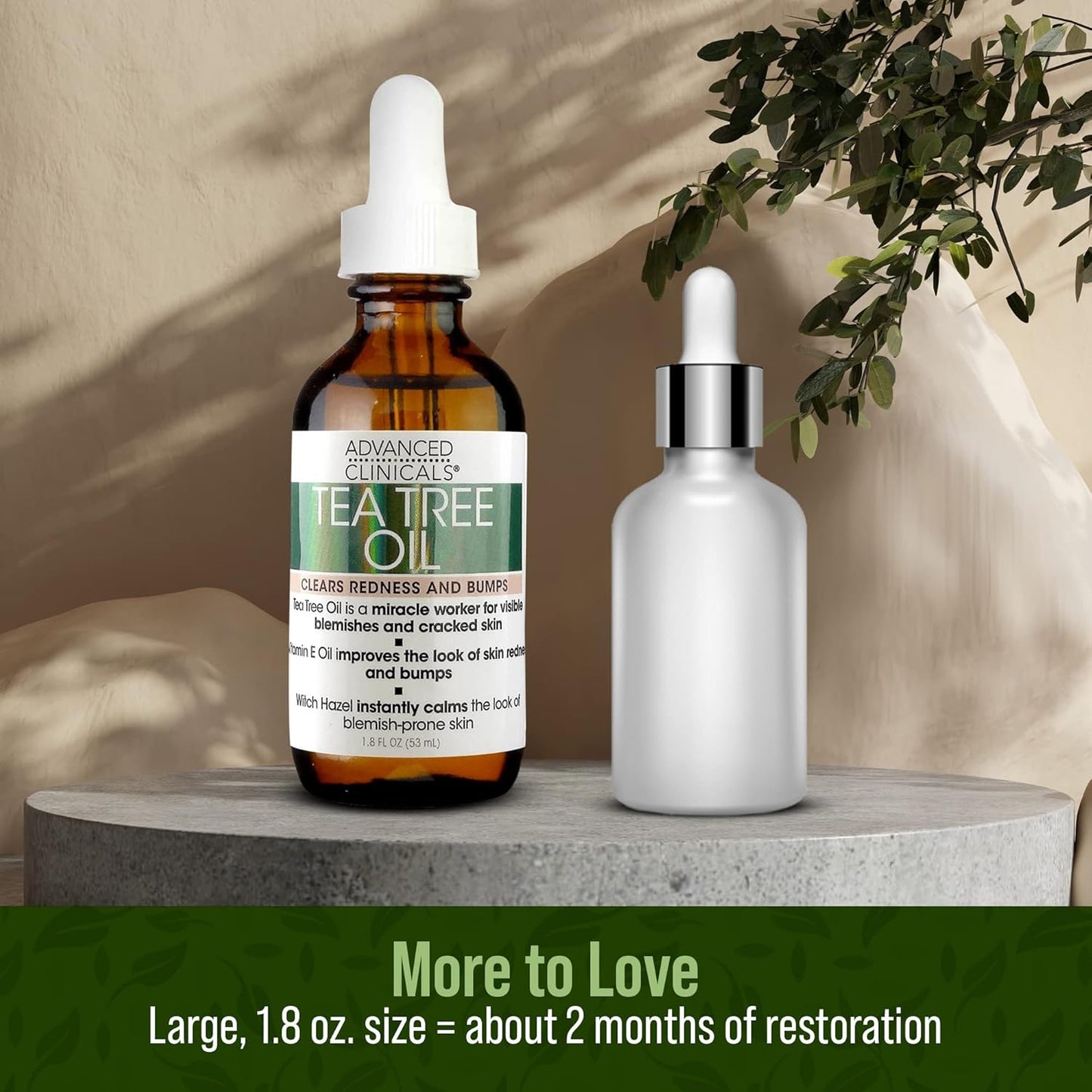 Advanced Clinicals Tea Tree Oil For Skin | Acne Patch Vegan Facial Serum | Targets Redness, Bumps, Acne Scars | Vegan 100% Organic Pure Tea Tree Oil For Face W/Vitamin E & Witch Hazel, 1.8 Fl Oz
