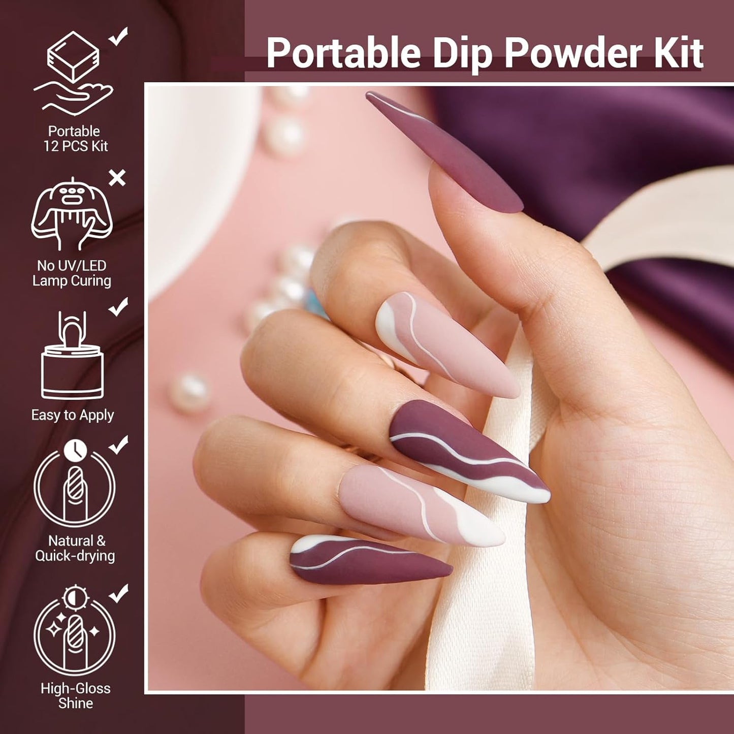 AZUREBEAUTY Dip Powder Nail Starter Kit White Mauve Glitter Champagne, Dipping Powder 4 Colors Set, French Nail Art Base Top Coat Activator Liquid Manicure DIY Salon 12 PCS