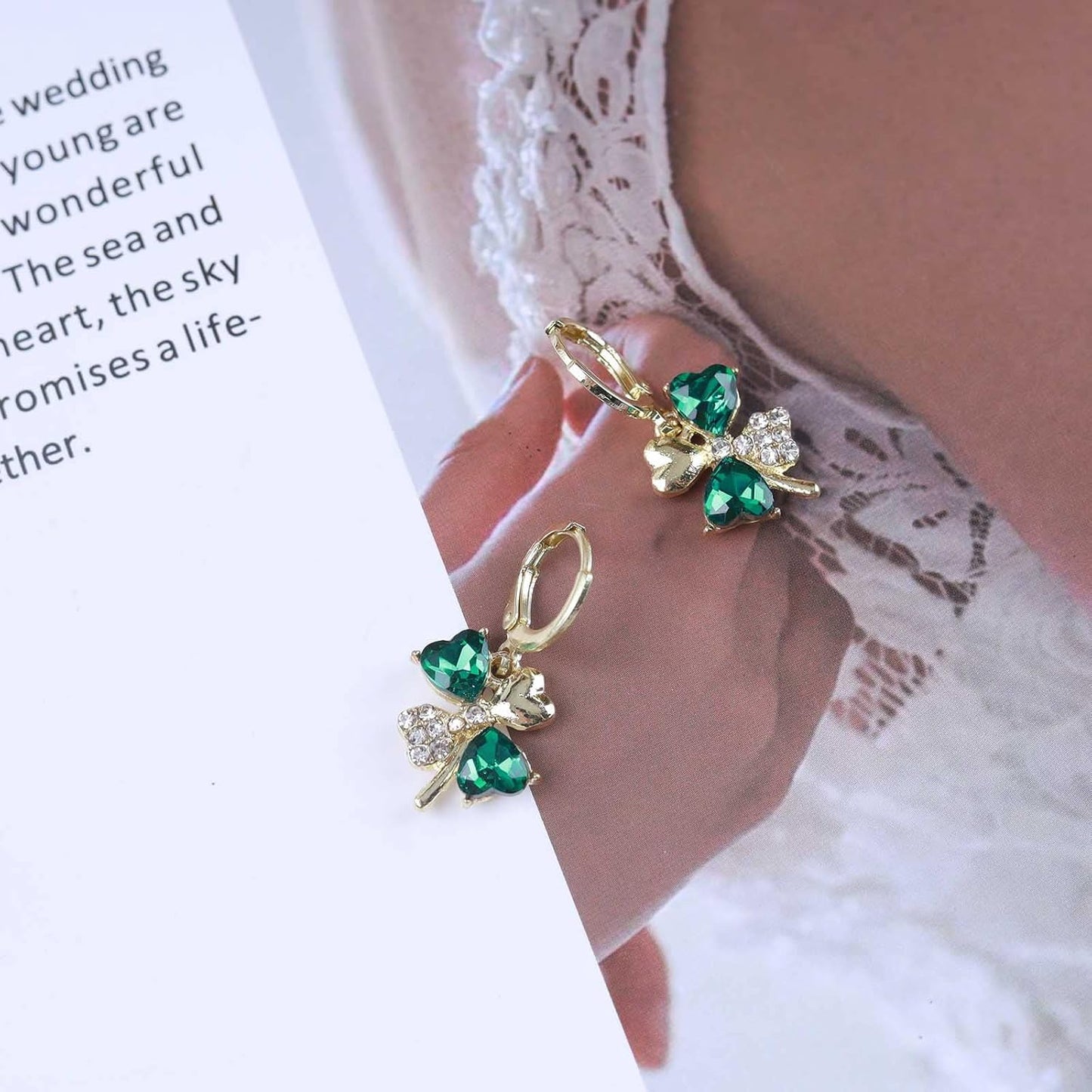 Boho Emerald Crystal Drop Earrings Green Rhinestone Flower Earrings Vintage Emerald Petal Earrings Green Cz Flower Earrings Jewelry for Women