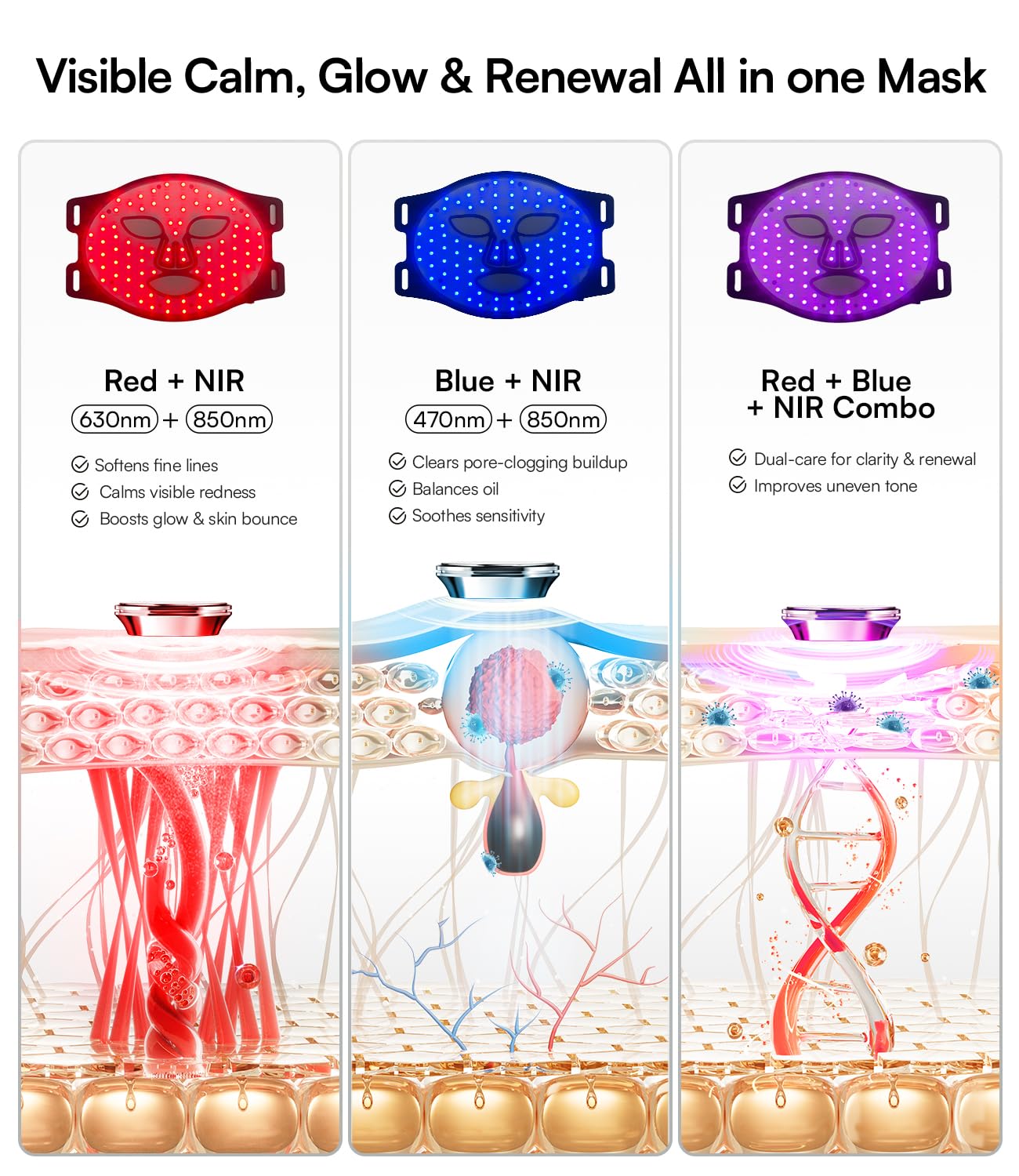 INIA Red Light Therapy Mask for Face – 4 Light Modes with 850nm NIR, Red & Blue LED Light Therapy, 2600mAh Rechargeable LED Face Mask for Anti-Aging, Skin Firming & Radiant Glow at Home