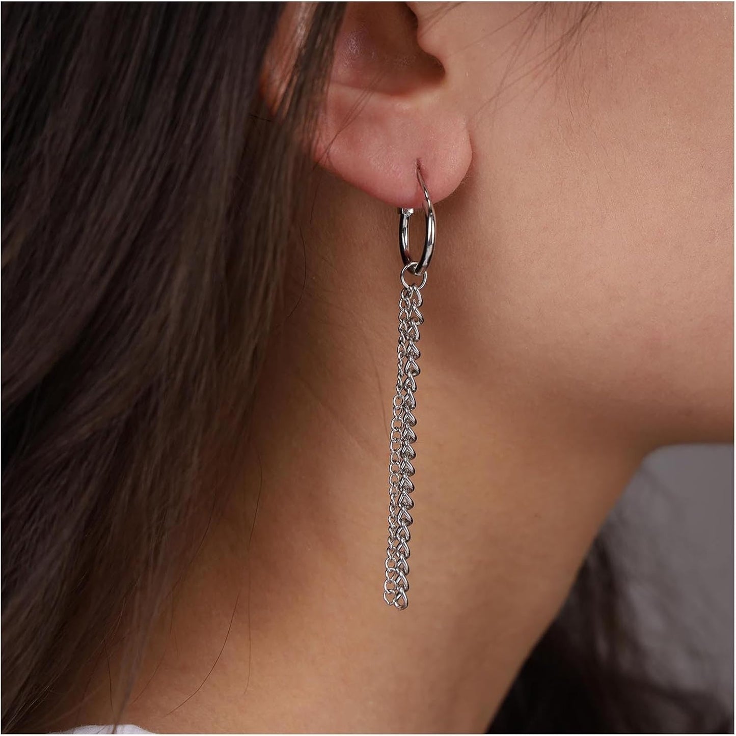 Vintage Tassel Chain Earrings Silver Fringe Chain Earrings Long Chain Dangle Earrings Punk Thick Chain Huggie Hoop Earrings Jewelry for Women