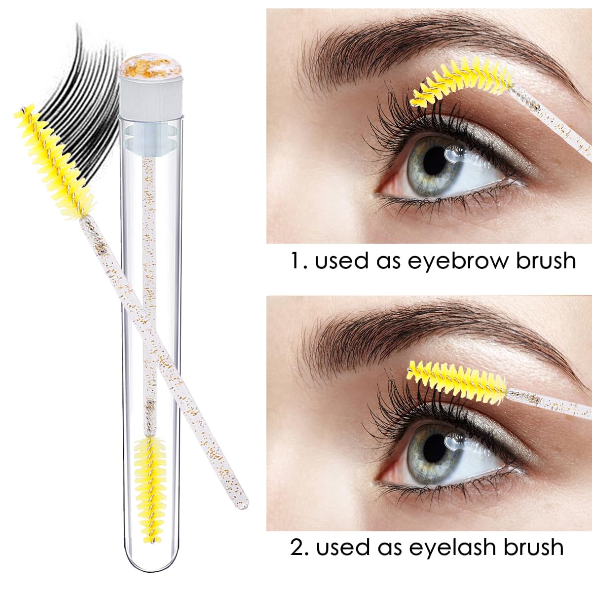 Mascara Brushes Tubes Set 70 Pieces Disposable Eyelash Brushes Replacement with 20 Pieces Empty Tubes for Eyelash Extension Lash Mascara Wand (Gold Sequins)