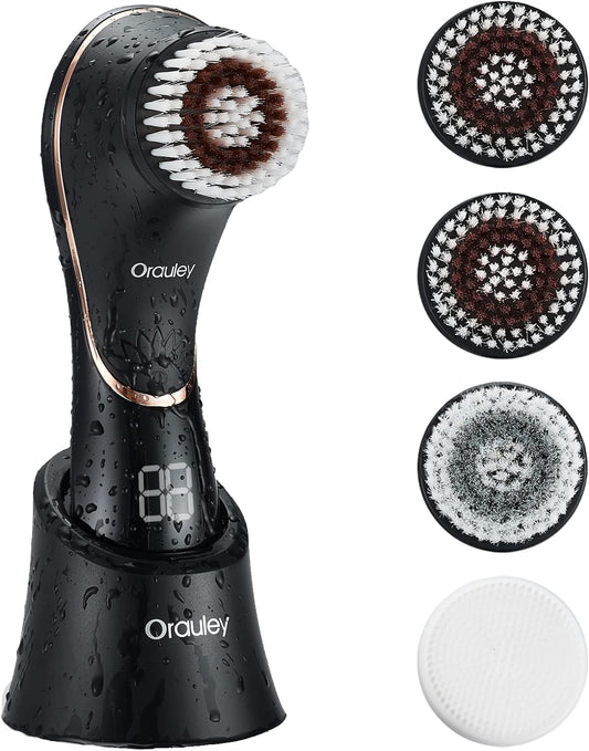 Facial Cleansing Brush, Electric Face Scrubber Rechargeable Exfoliator IPX-7 Waterproof Rotating Cleanser for Exfoliating, Massaging and Deep Cleansing for Women & Men with 4 Brush Heads Black