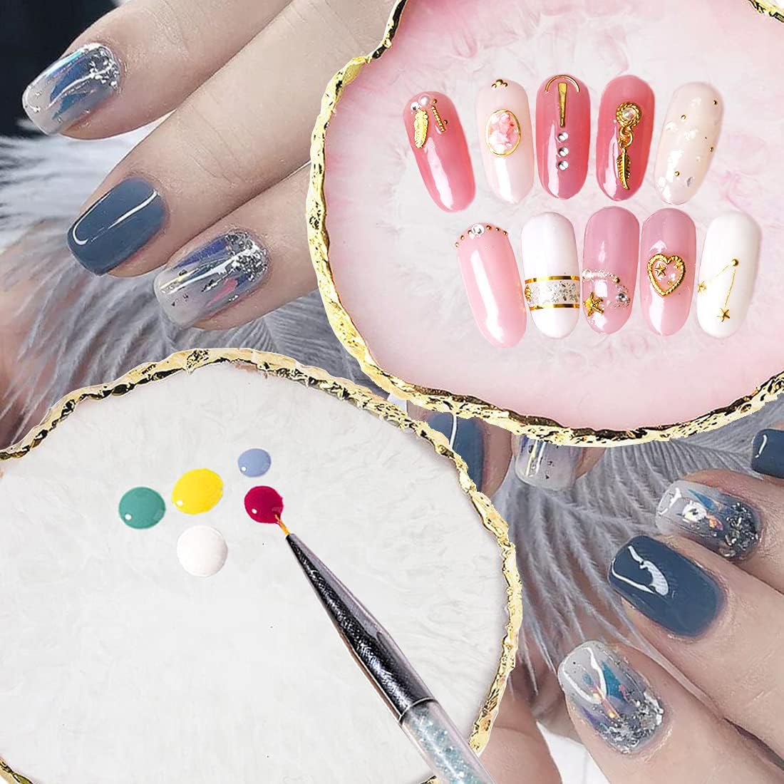 Resin Nail Art Palette, Nail Painting Mixed Color Palette, Gilded Edge Nail Gel Color Makeup Display Board Pallet (White)