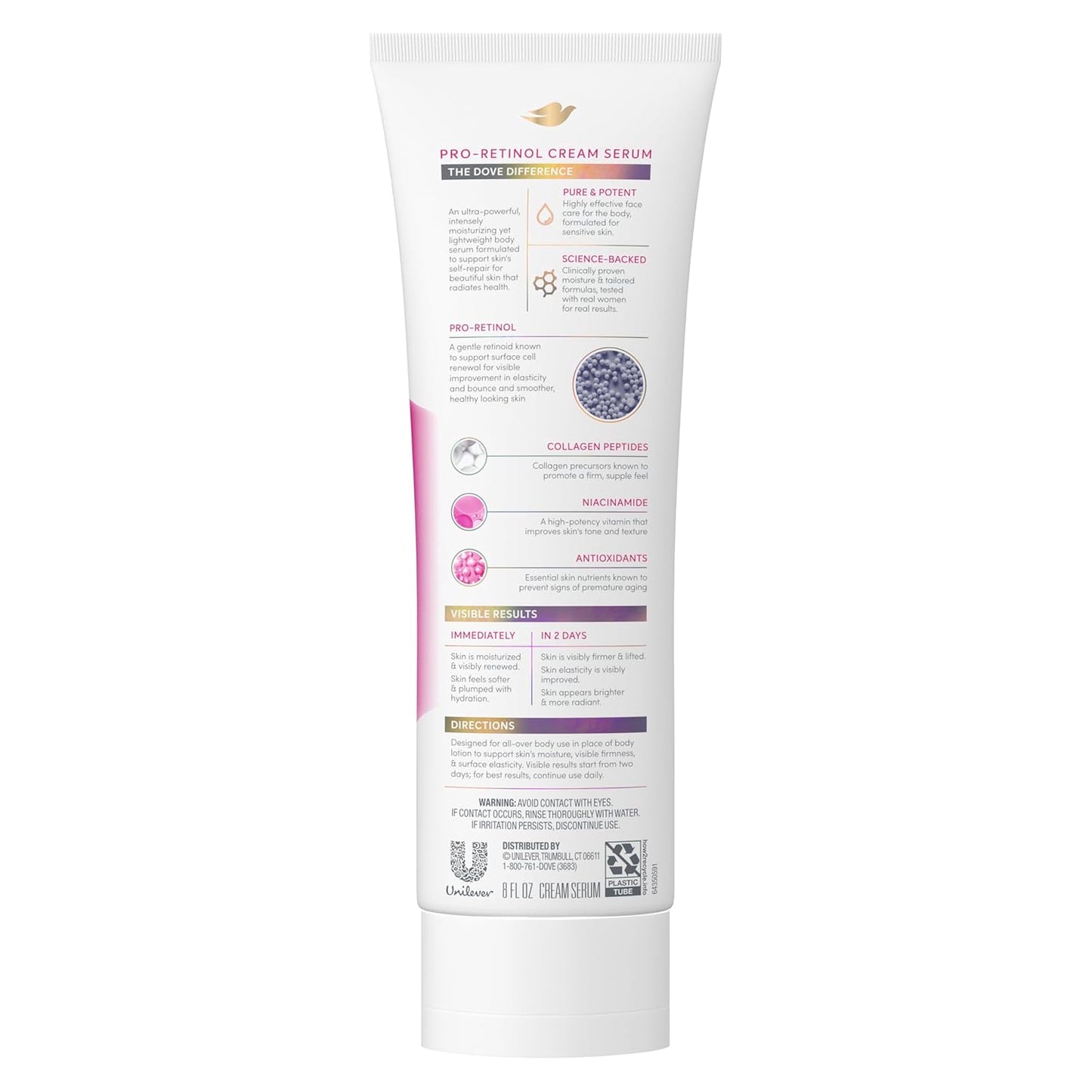 Dove Cream Serum Pro-Retinol + Firming for Elasticity and Firmness, with Collagen Peptides, Niacinamide and Antioxidants Lotion, 8 oz
