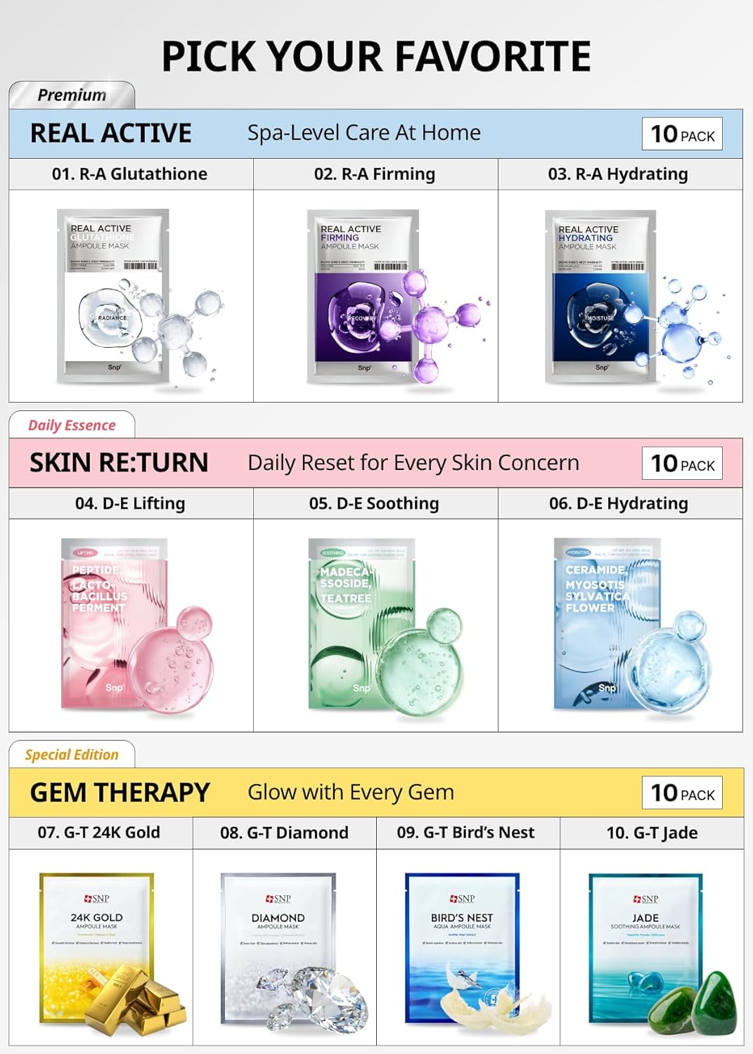 SNP Real Active Glutathione Ampoule Sheet Mask | Vegan Face Mask with Glutathione & Niacinamide | Revitalizing and Balancing for All Skin Types | Korean Face Masks Skincare | 10 Sheets