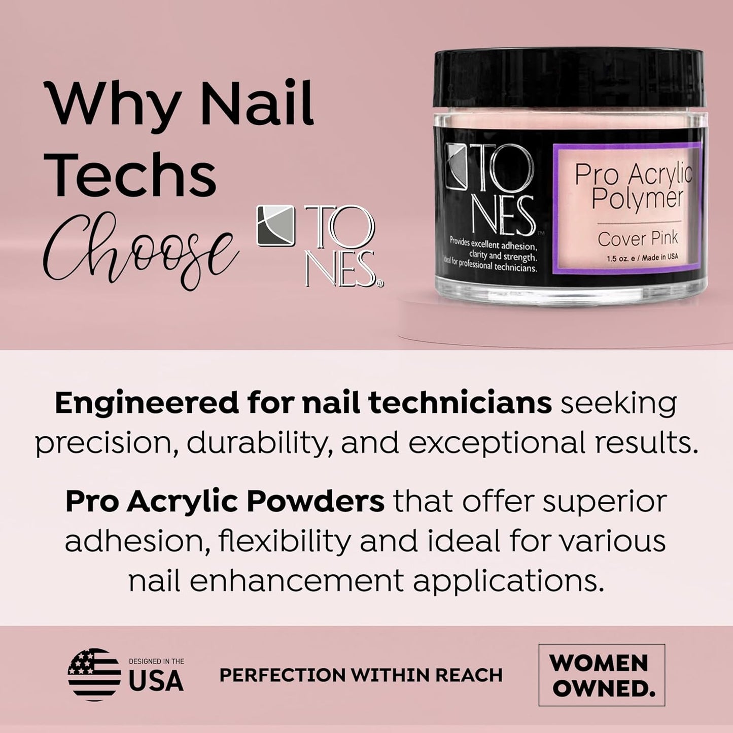 Tones Pro Acrylic Nail Powder, Cover Pink (Soft Nude Pink), (3.5 Fl Oz) - Long-Lasting & Non-Yellowing Polymer for Salon Quality Nail Extensions & 3D Art