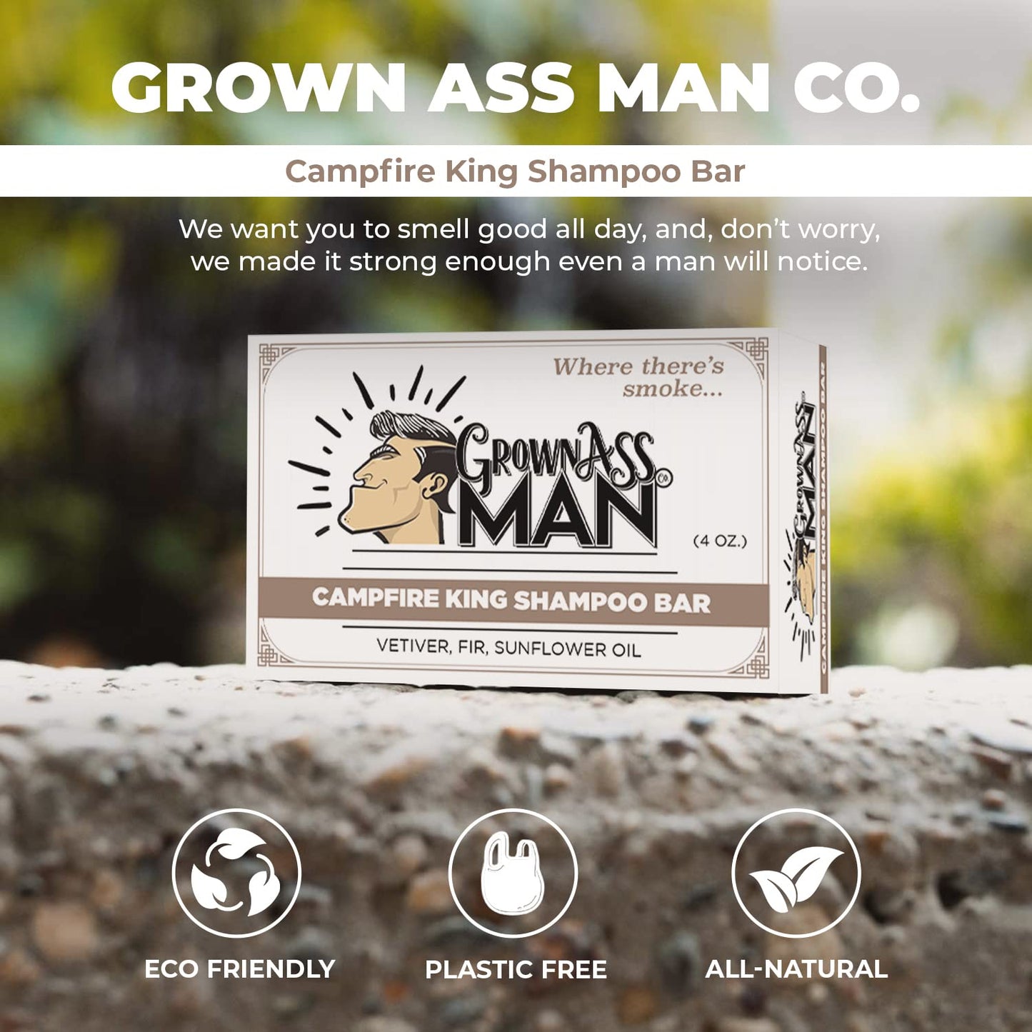 Solid Shampoo Bar Rich Lather 3 in 1: Hair, Beard & Body Wash - Plastic Free & Eco-Friendly, Natural & Organic Clean for All Hair Types, 4oz Bar (Campfire King, Single)