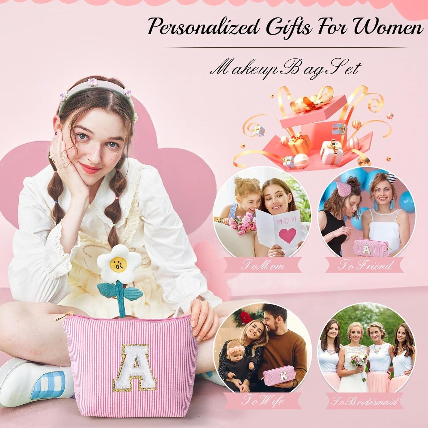 YOOLIFE Travel Makeup Bag Cosmetic Bag - Make Up Bag with Makeup Brush Bag Monogram Makeup Pouch Bag 2 Pieces Cute Makeup Bag Personalized Gifts Best Friend Birthday Gifts for Women Pink Letter Y