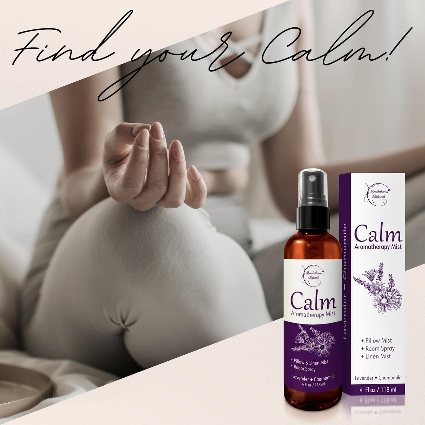 Calm Aromatherapy Mist with Lavender & Chamomile Essential Oil. Natural Sleep & Pillow Spray, Room & Linen Mist. Lavender Spray Air Freshener for Relaxation & Sleep - Brookethorne Naturals