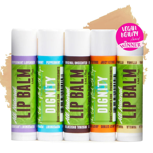 Moisturizing Lip Balm – Soothing & Fragrance-Free, Pack of 5 - Vegan w/Nourishing Coconut Oil, Cocoa Butter & Essential Oils – 4.4ml (0.15oz) Each – Lip Care Set