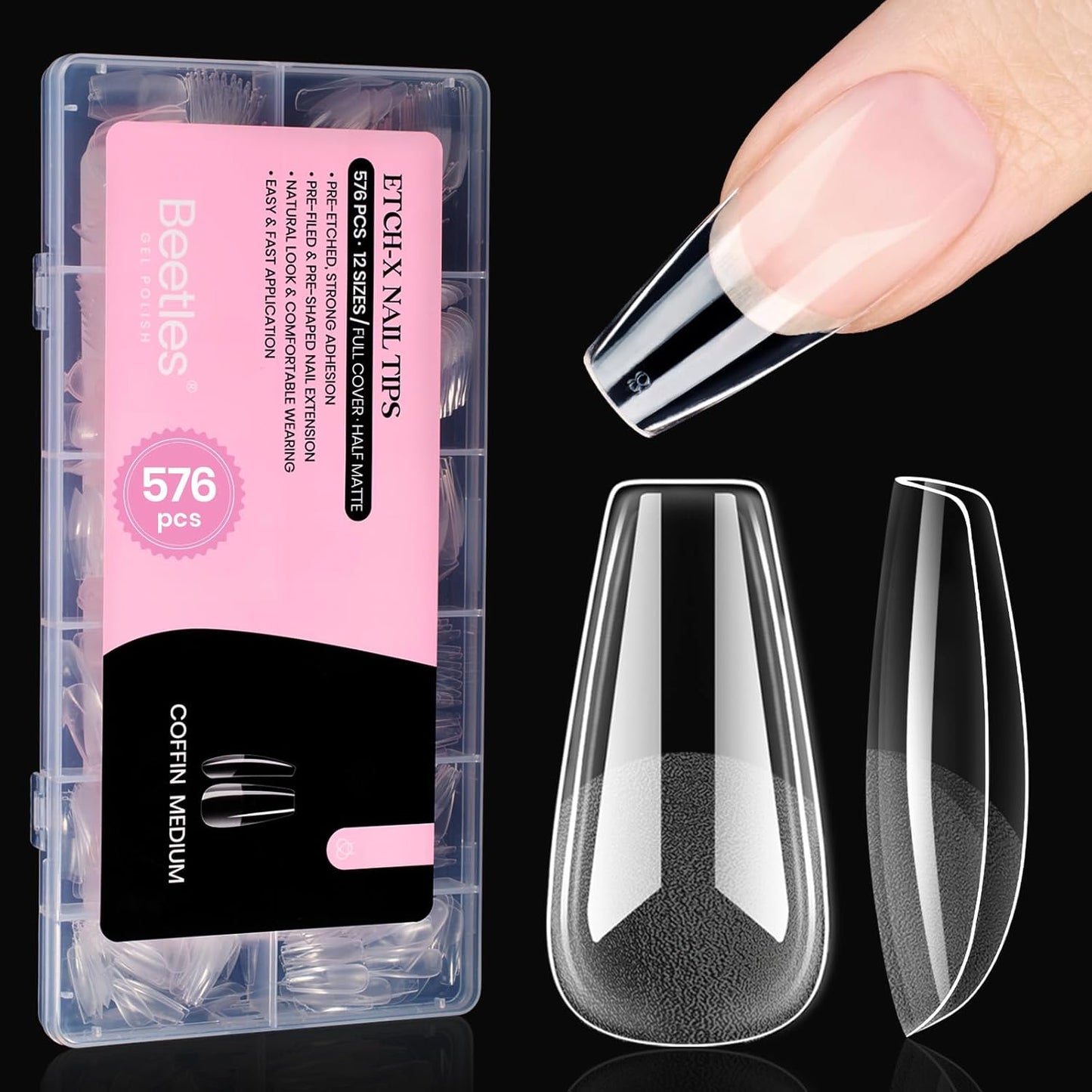 Beetles Gel Nail Tips Medium Coffin 576PCS Etch X Nail Tips, 12 Sizes Pre Shaped Half Matte Press On Nails Full Cover False Nails Acrylic Nails Glue on Nails Extensions Set for Women Home DIY