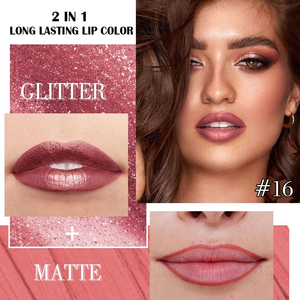 Kaely 2-in-1 Mauve Metallic Lipstick and Lip Liner, Shimmer Liquid Metallic Lipsticks for Women, Glitter Lip Gloss Stain Long Lasting Waterproof Smudge Proof 24 Hour, Vegan Makeup, 16