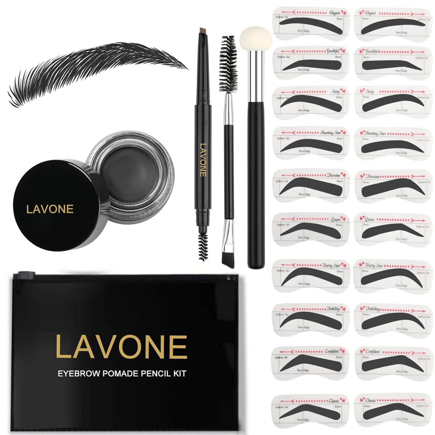 Eyebrow Stamp Stencil Kit for Eyebrows, Brow Stamp Trio Kit with Waterproof Eyebrow Pencil, Eyebrow Pomade, 20 Eyebrow Stencils, Dual-ended Eyebrow Brush and Sponge Applicator - Ash Black