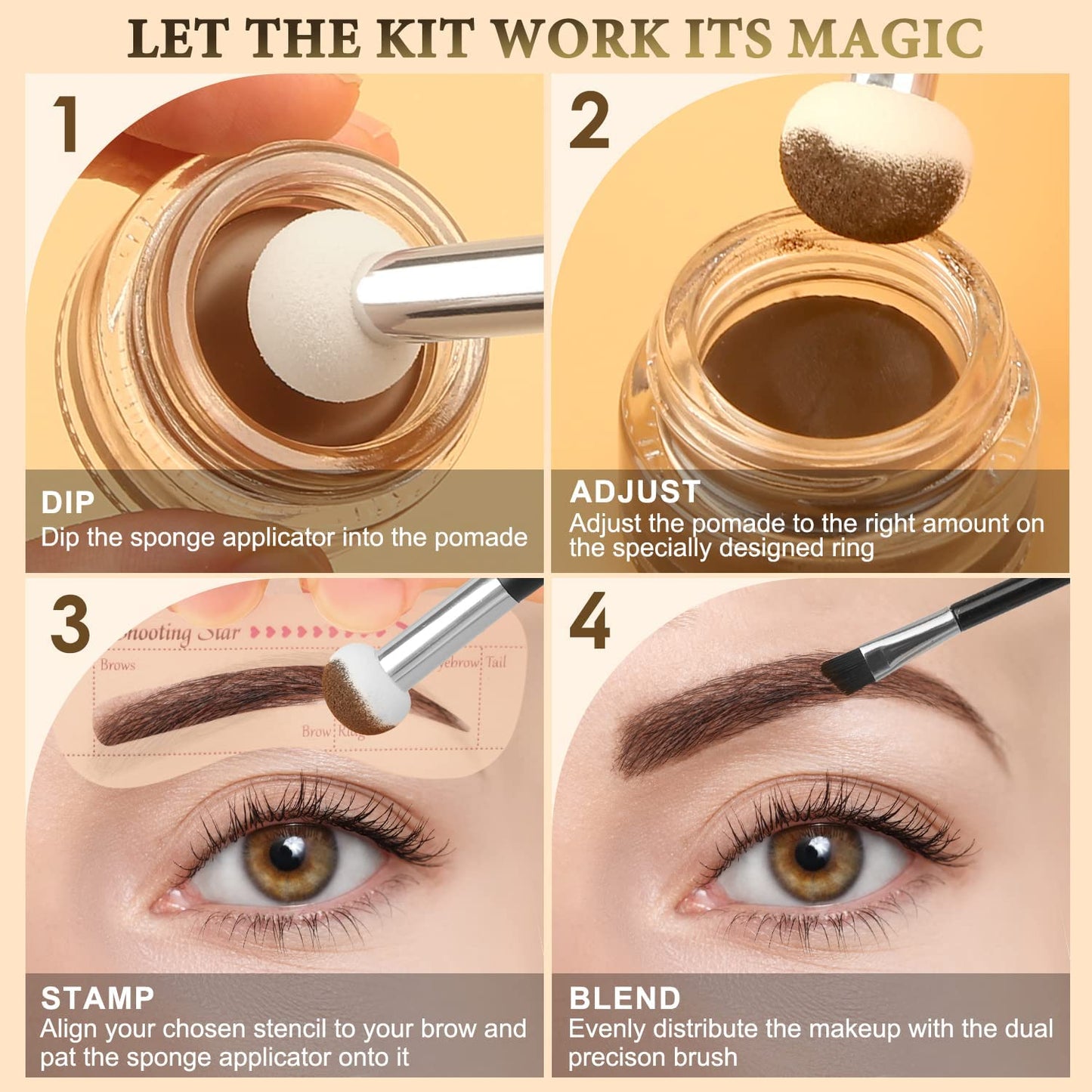 LAVONE Eyebrow Stamp Stencil Kit for Eyebrows, Brow Stamp Trio Kit with Waterproof Eyebrow Pencil, Eyebrow Pomade, 20 Eyebrow Stencils, Dual-ended Eyebrow Brush and Sponge Applicator - Caramel