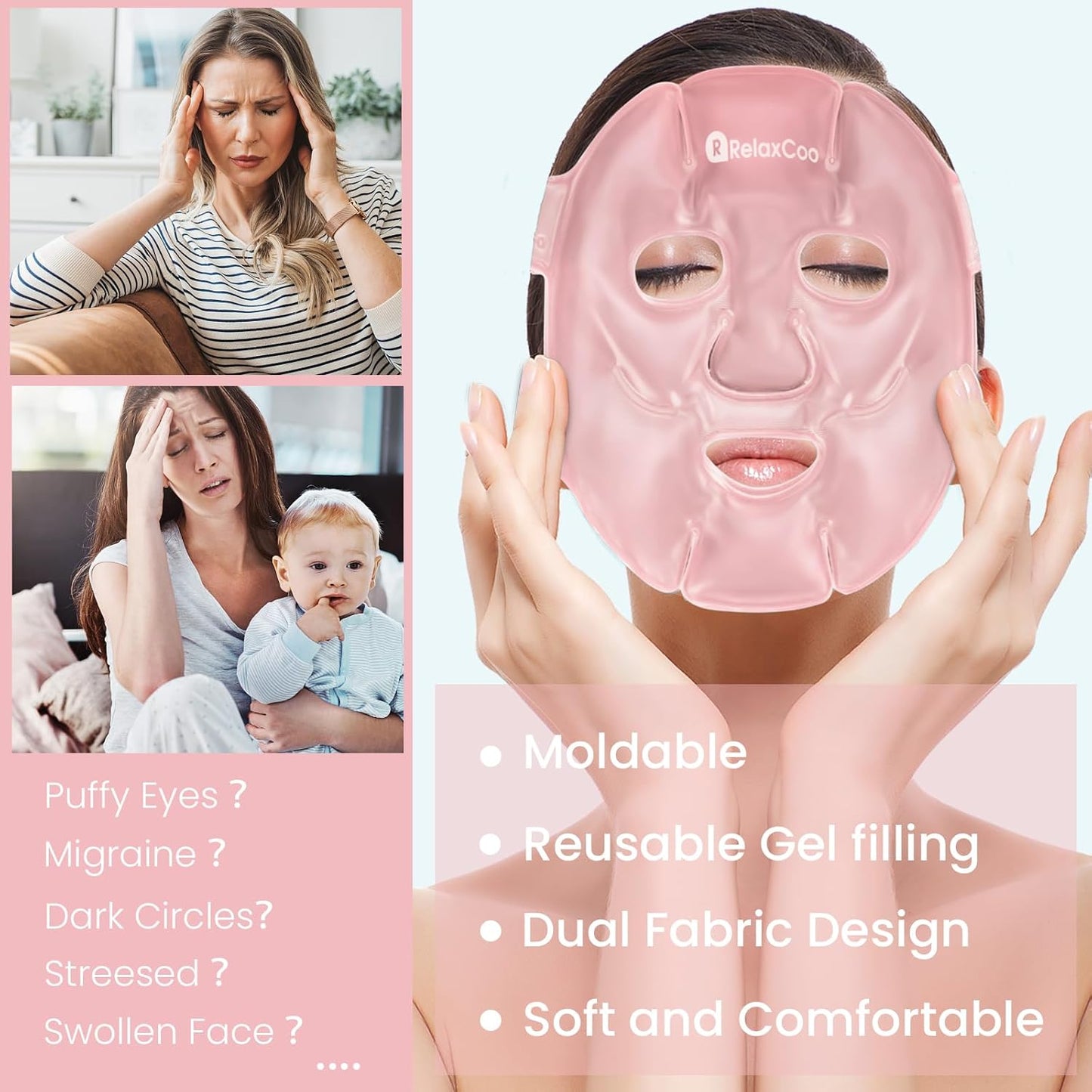 Cold Face Eye Mask Ice Pack Reduce Face Puff,Dark Circles,Gel Hot Cold Compress,Face SPA for Woman Sleeping, Pressure, Headaches, Skin Care, 2 Pack, Pink